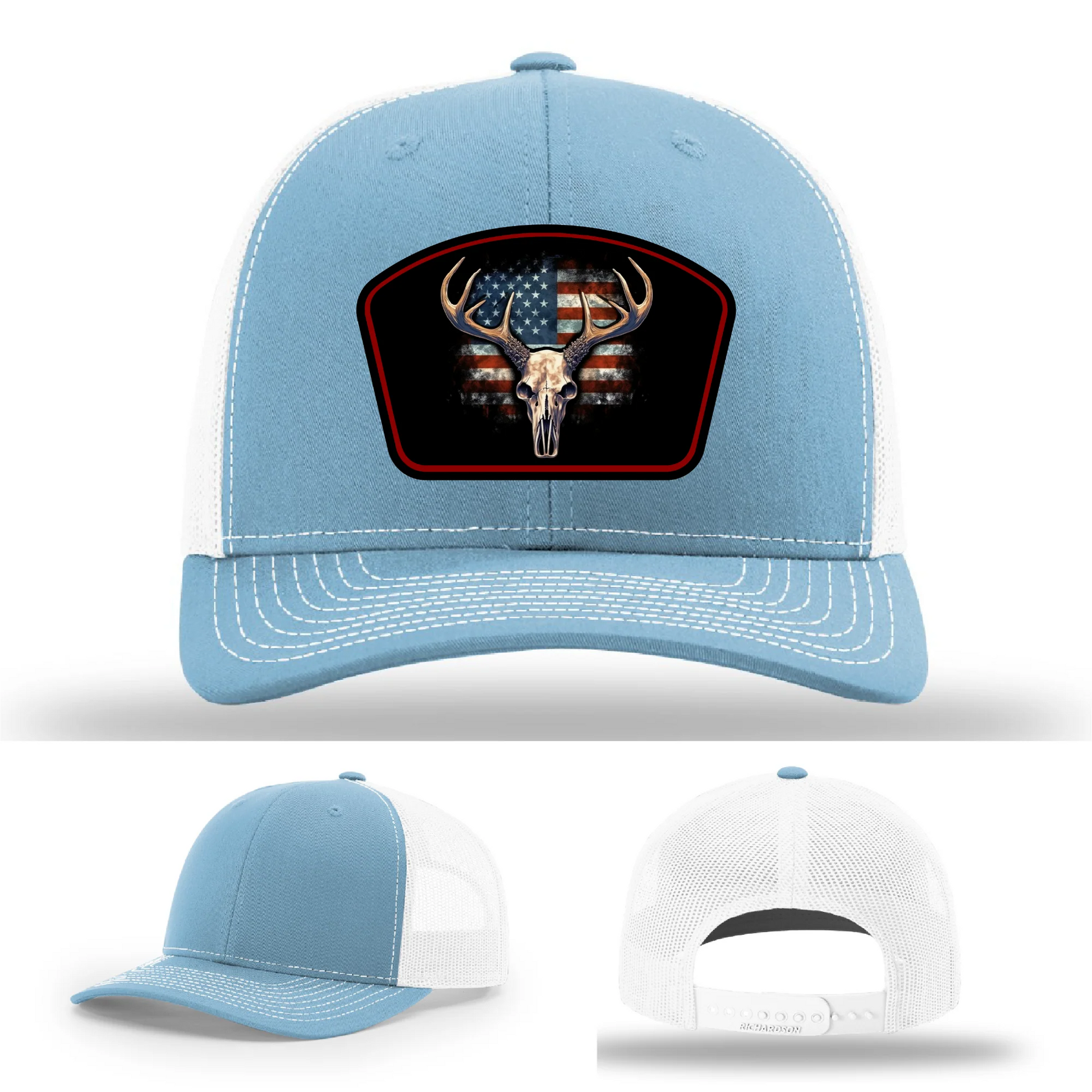 Patriotic Buck Leather Patch Hat Deer Skull and Flag