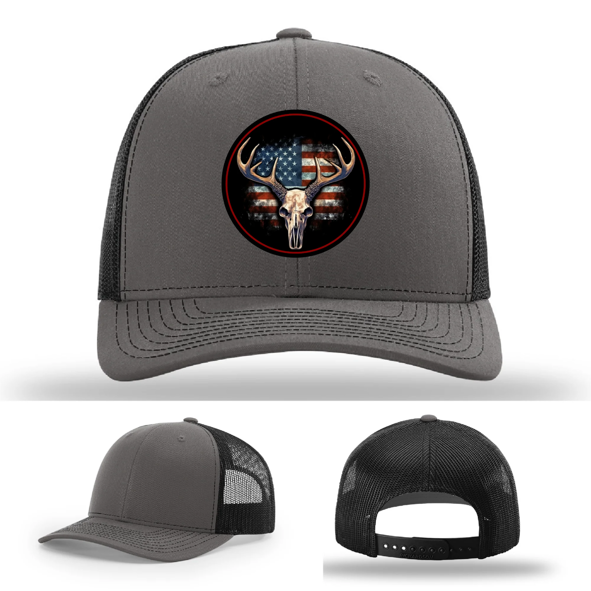 Patriotic Buck II Round Leather Patch Hat Deer Skull and Flag