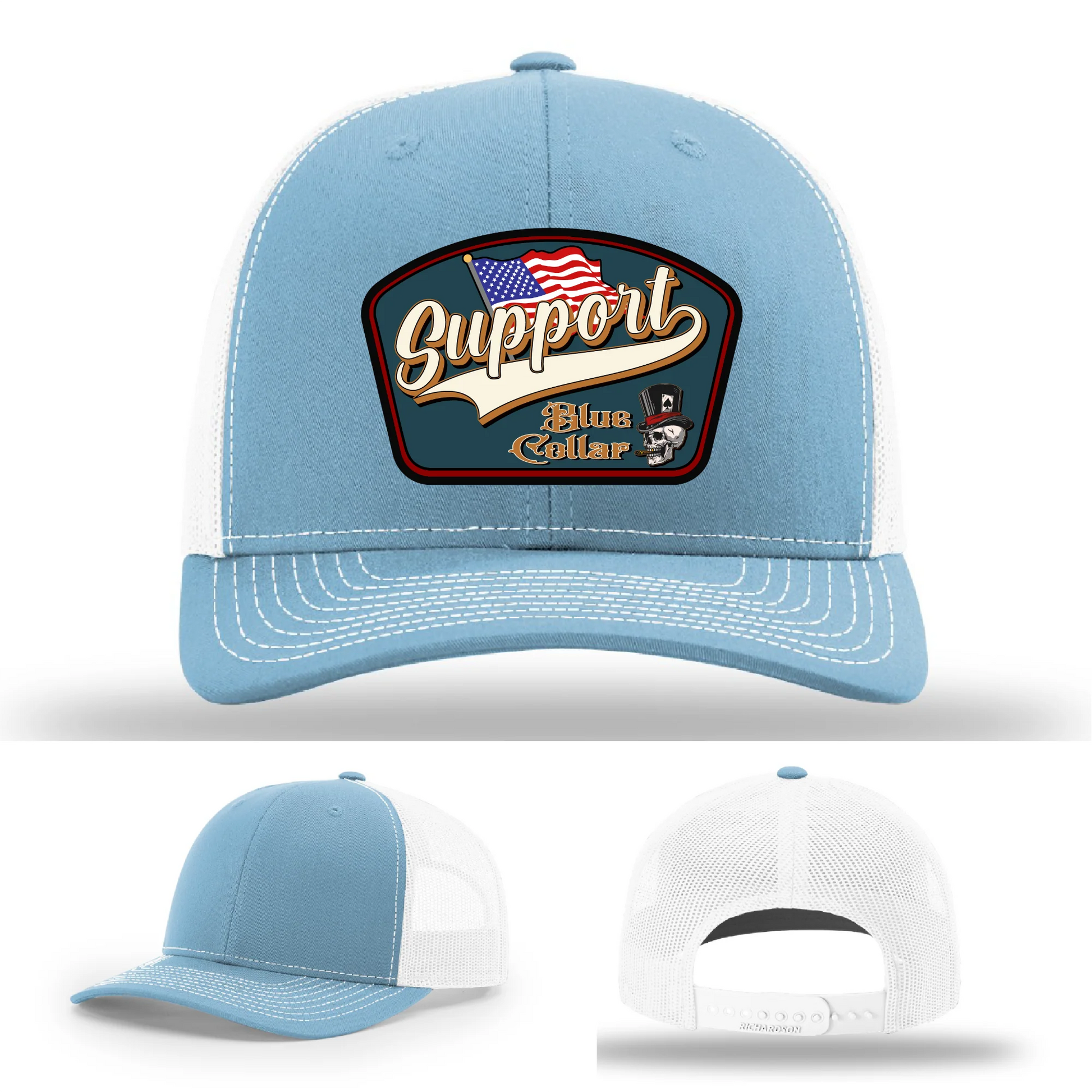 Support Blue Collar Leather Patch Hat American Flag Design