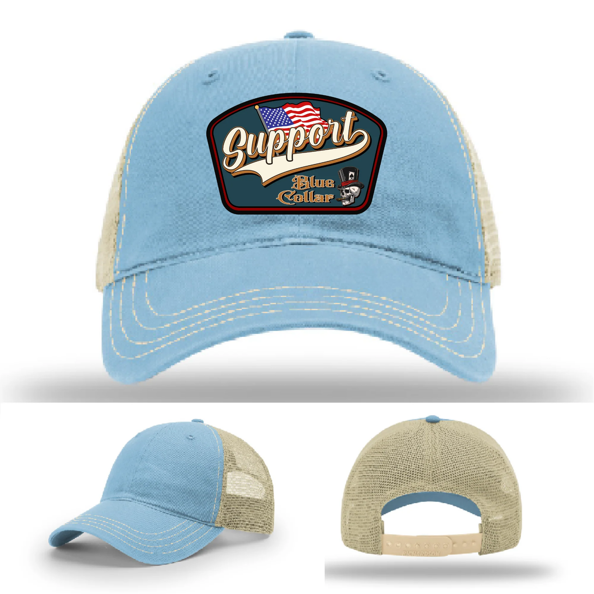 Support Blue Collar Leather Patch Hat American Flag Design