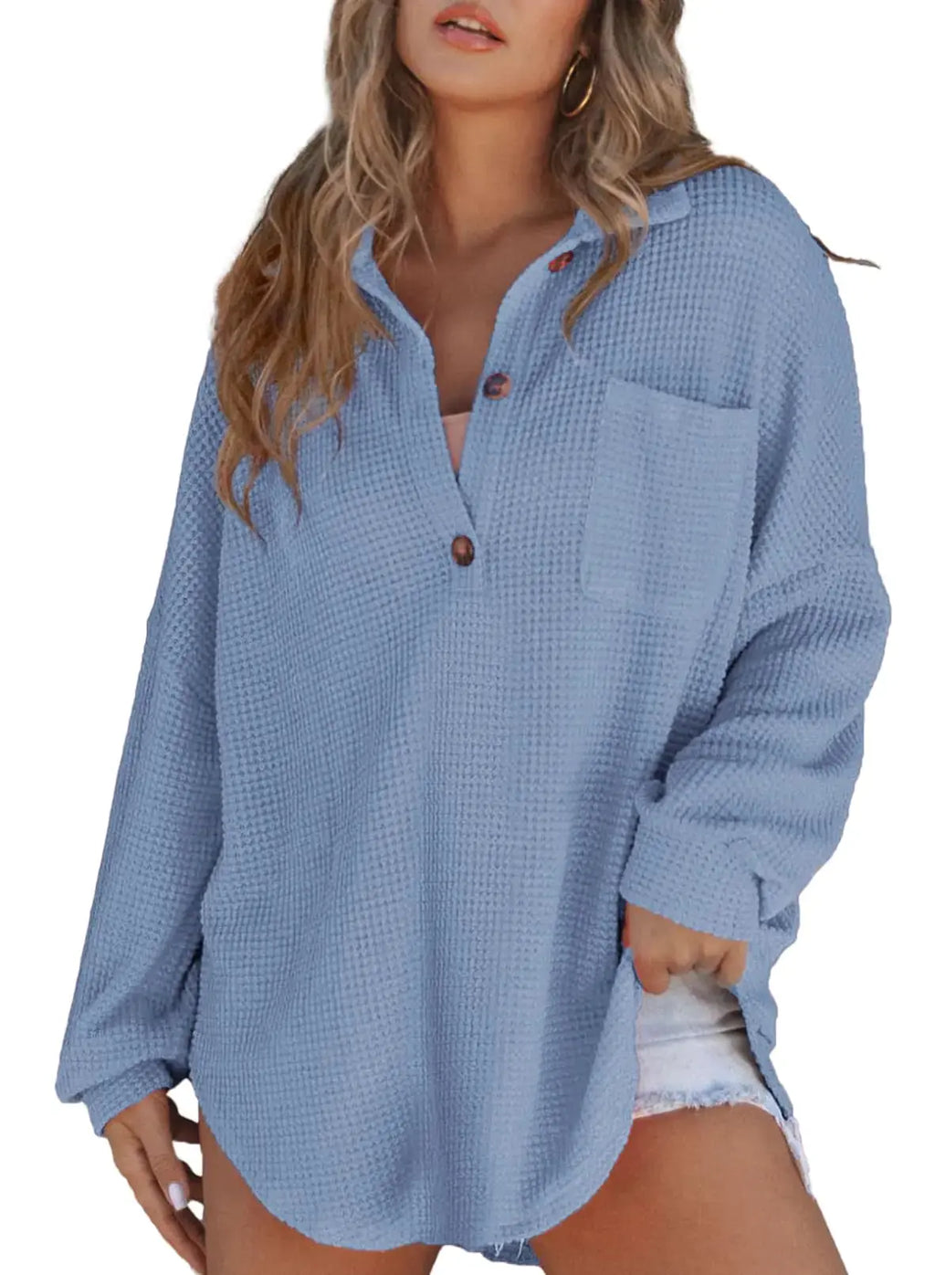 Astylish Women Waffle Knit Top | Long Sleeve V Neck Solid Color Henley Shirt