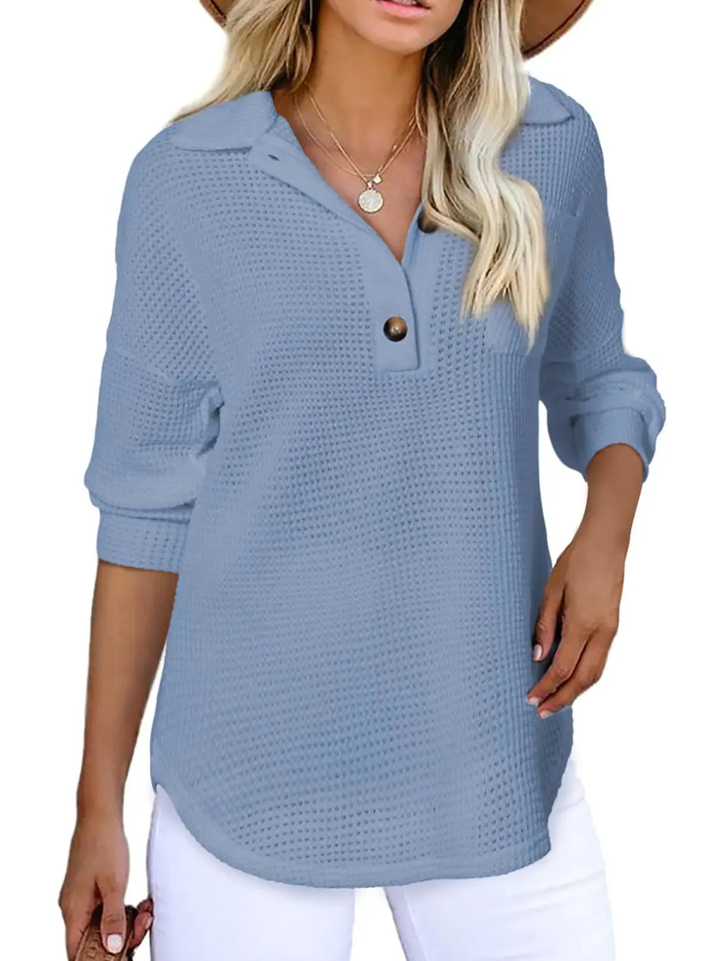 Astylish Women Waffle Knit Top | Long Sleeve V Neck Solid Color Henley Shirt