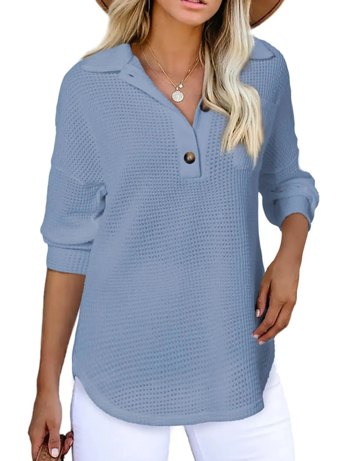 Astylish Women Waffle Knit Top | Long Sleeve V Neck Solid Color Henley Shirt