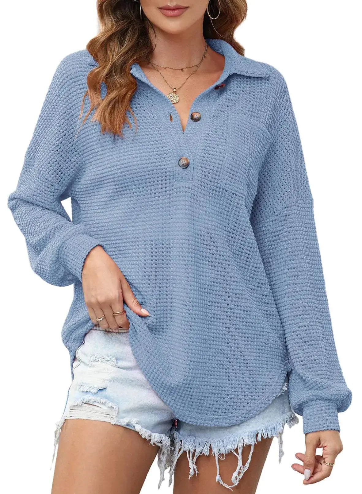 Astylish Women Waffle Knit Top | Long Sleeve V Neck Solid Color Henley Shirt