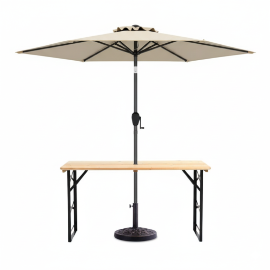3-Piece Patio Picnic Table Set: Adjustable Wooden Picnic Table + Umbrella + Umbrella Base