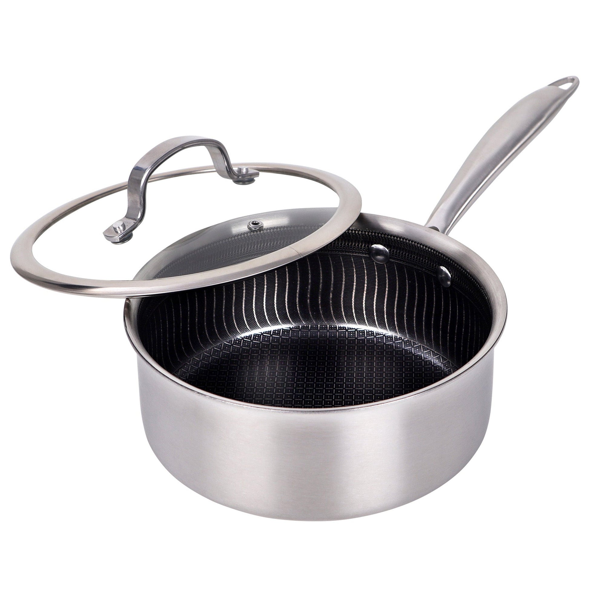 Brentwood 3 Quart 3-Ply Hybrid Non-Stick Stainless Steel Saucepan with Tempered Glass Lid