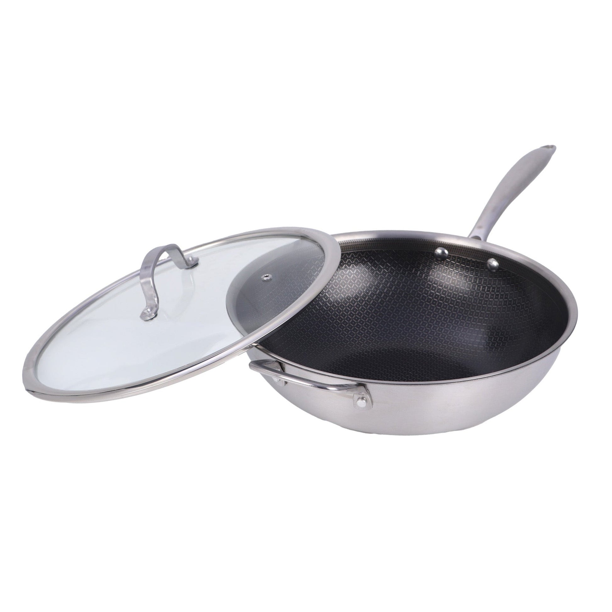 Brentwood 12-inch 4.2 Quarts Hybrid Non-Stick Stainless Steel Wok with Glass Lid