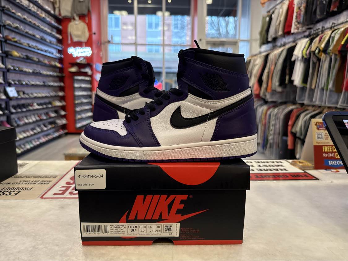 PRE OWNED Jordan 1 Retro High Court Purple White "8.5 M"