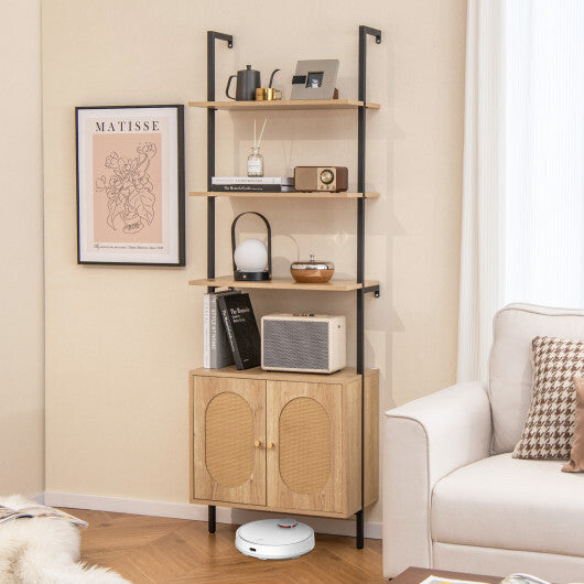 72.5 Inch 6-Tier Wall Mounted Ladder Bookshelf with Rattan Cabinet-Natural