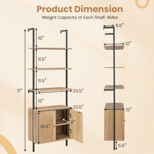 72.5 Inch 6-Tier Wall Mounted Ladder Bookshelf with Rattan Cabinet-Natural