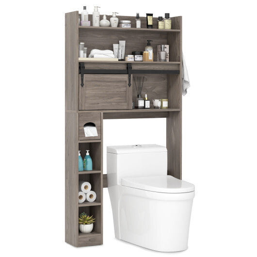Over The Toilet Storage Cabinet with Sliding Barn Door and Adjustable Shelves-White