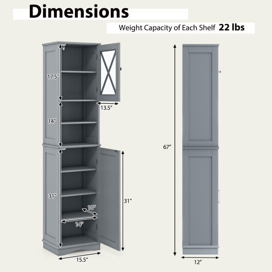 67 Inch Tall Bathroom Cabinet Freestanding Storage Cabinet with 5 Adjustable Shelves-White