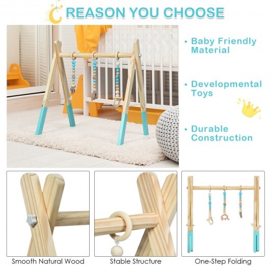 Portable 3 Wooden Newborn Baby Exercise Activity Gym Teething Toys Hanging Bar-Blue
