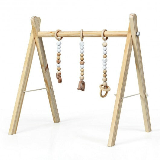 Portable 3 Wooden Newborn Baby Exercise Activity Gym Teething Toys Hanging Bar-Blue