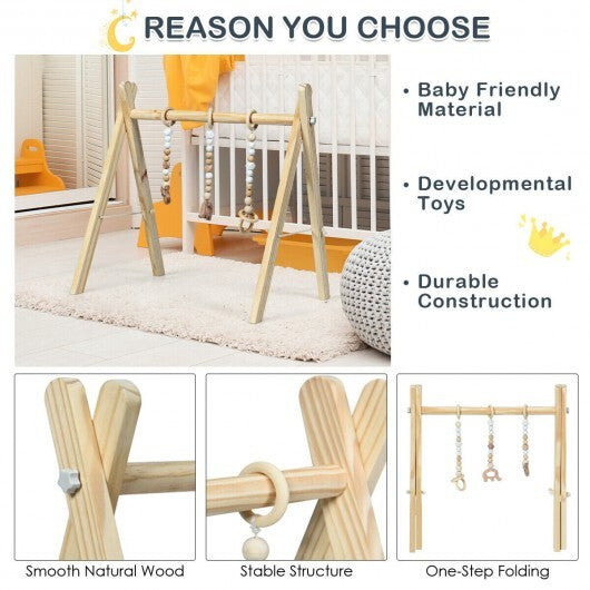 Portable 3 Wooden Newborn Baby Exercise Activity Gym Teething Toys Hanging Bar-Blue