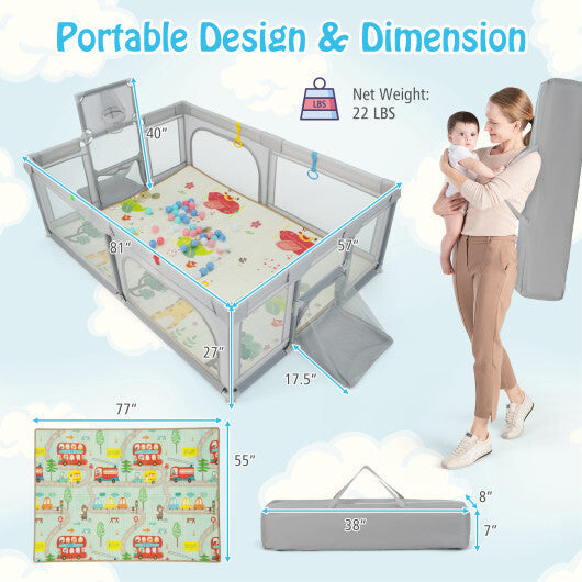 Large Baby Playpen with Mat and Ocean Balls-Dark gray