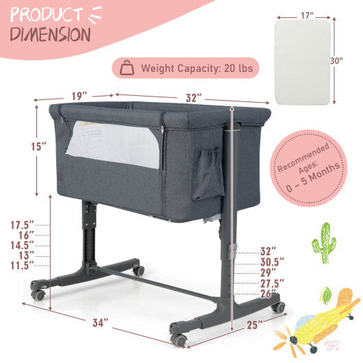 Portable Baby Bedside Bassinet with 5-level Adjustable Heights and Travel Bag-Beige