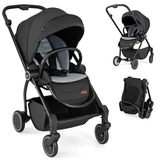 Foldable Infant Pram Stroller with Reversible Seat Reclining Backrest-Black