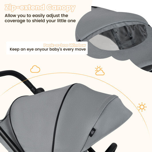 Foldable Infant Pram Stroller with Reversible Seat Reclining Backrest-Black
