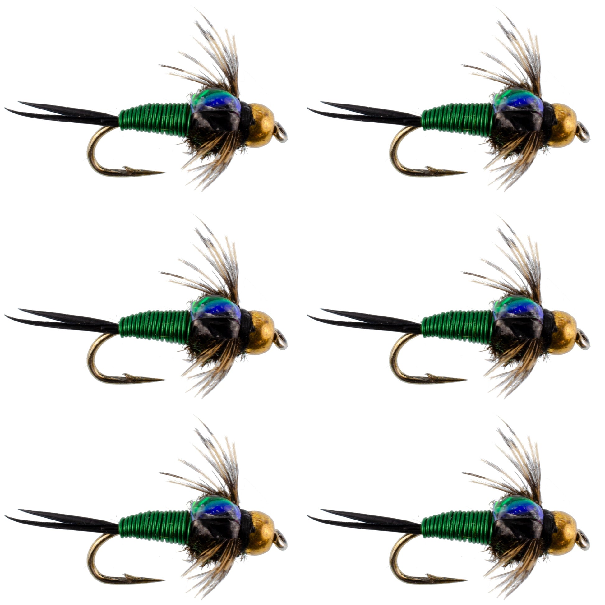 Bead Head Green Copper John Nymph Fly Fishing Flies - Set of 6 Flies Hook Size 14