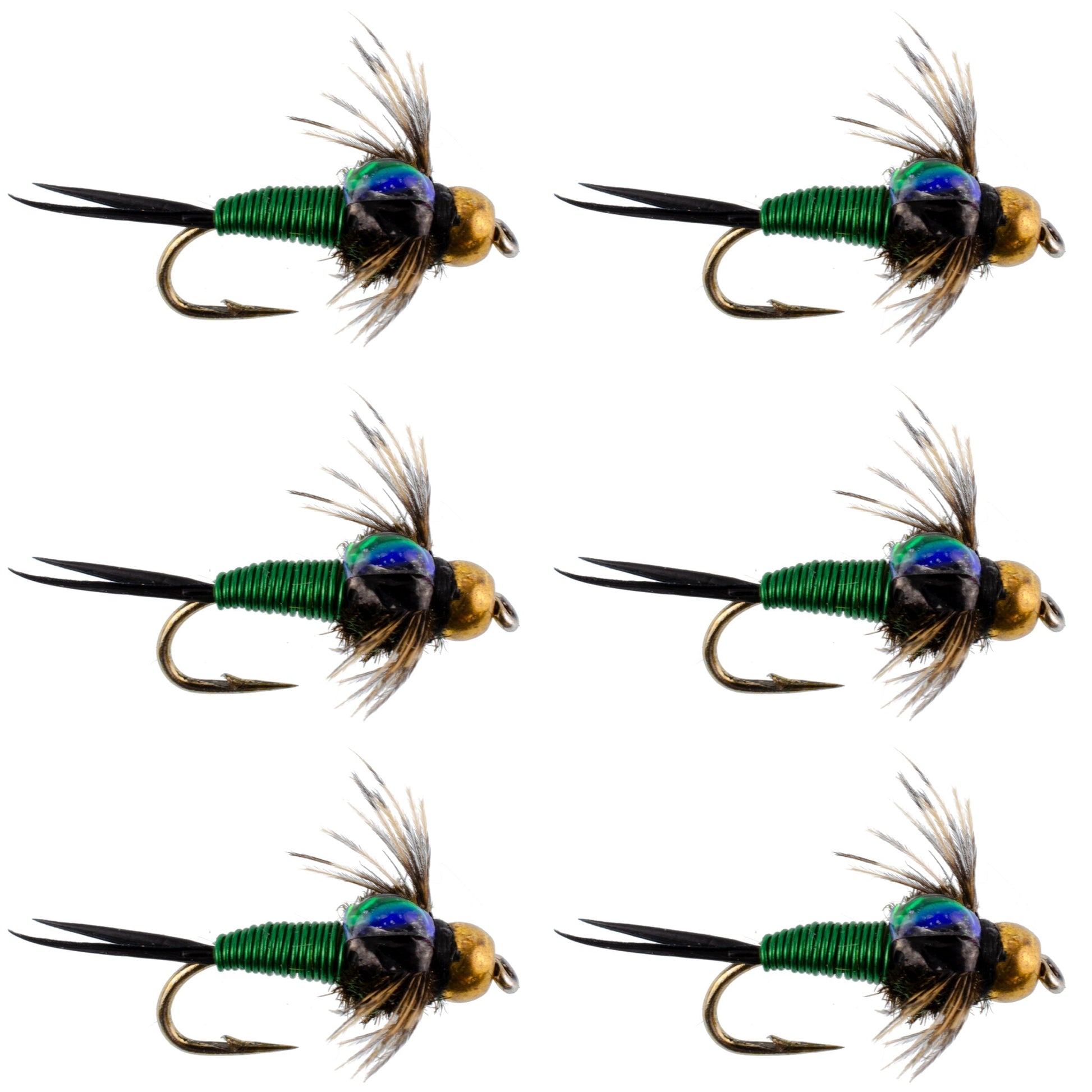 Bead Head Green Copper John Nymph Fly Fishing Flies - Set of 6 Flies Hook Size 18