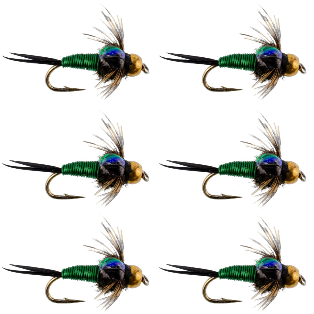 Bead Head Green Copper John Nymph Fly Fishing Flies - Set of 6 Flies Hook Size 16