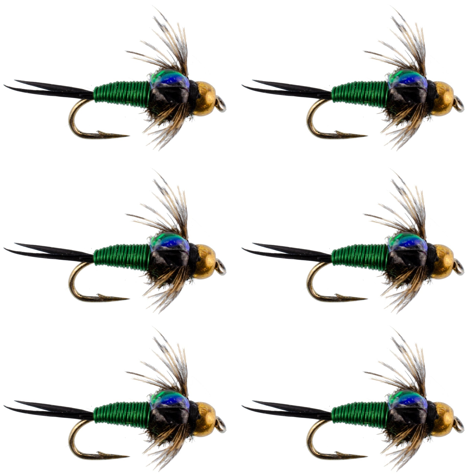 Bead Head Green Copper John Nymph Fly Fishing Flies - Set of 6 Flies Hook Size 16