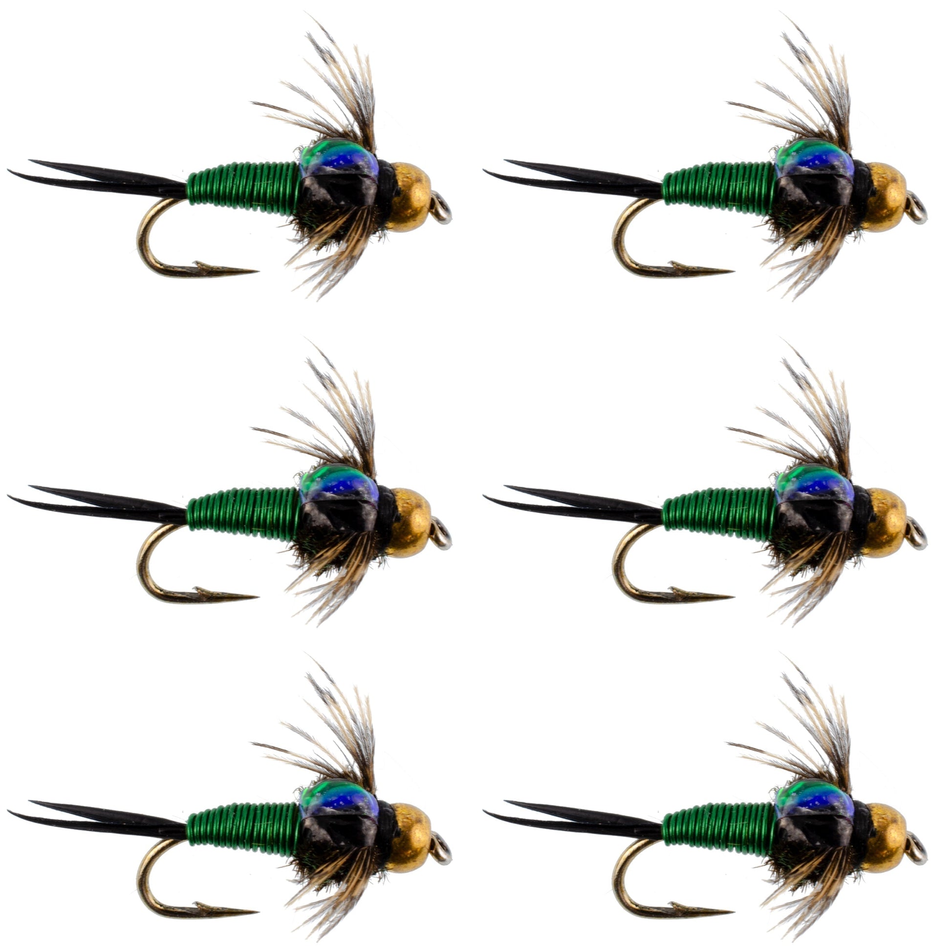 Bead Head Green Copper John Nymph Fly Fishing Flies - Set of 6 Flies Hook Size 12