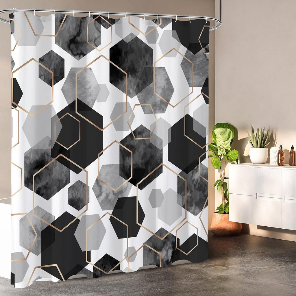 72"W x 78"H Black White Hexagonal Pattern Polyester Shower Curtain