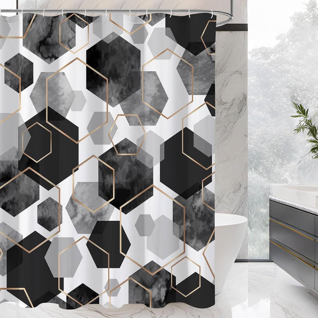 72"W x 78"H Black White Hexagonal Pattern Polyester Shower Curtain