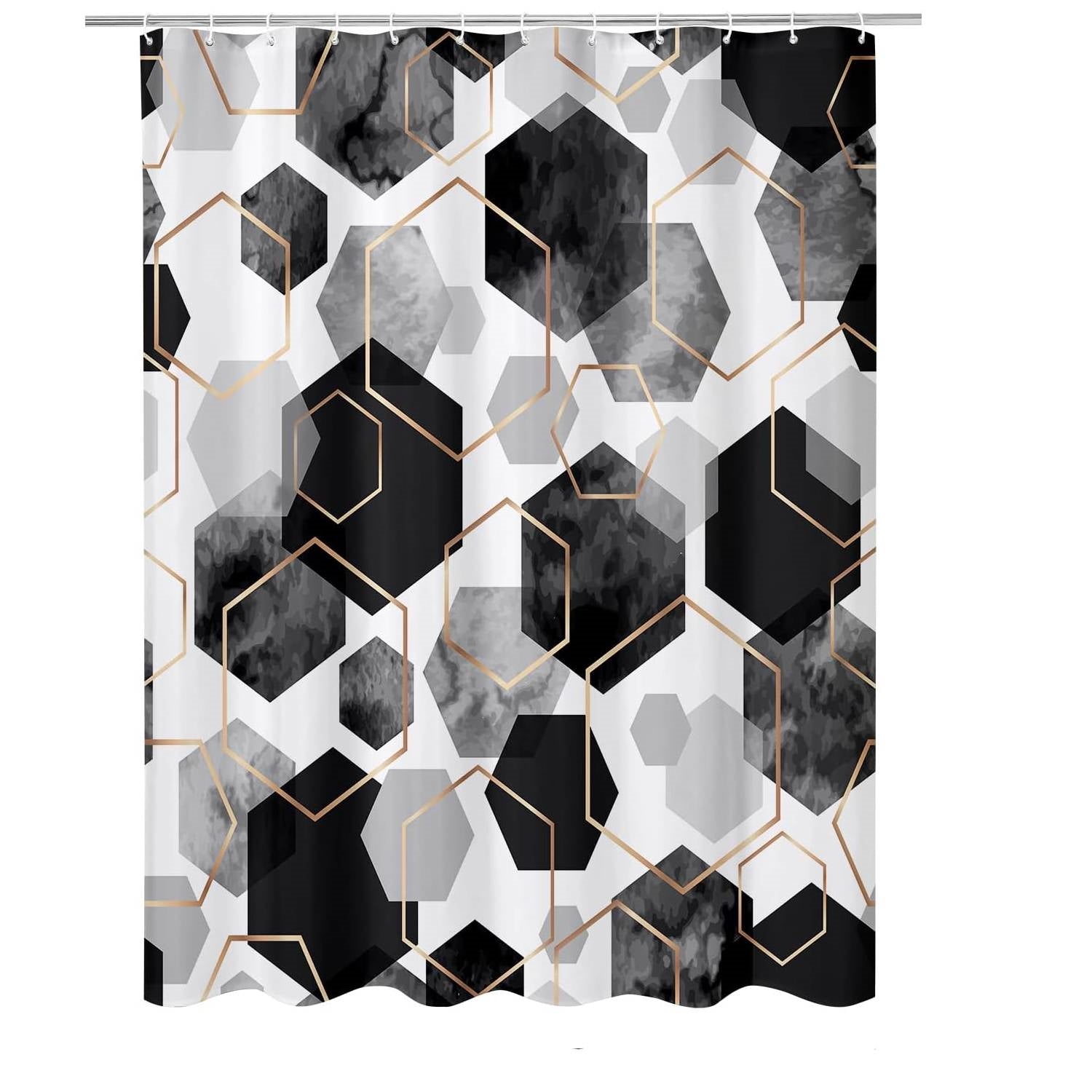72"W x 78"H Black White Hexagonal Pattern Polyester Shower Curtain