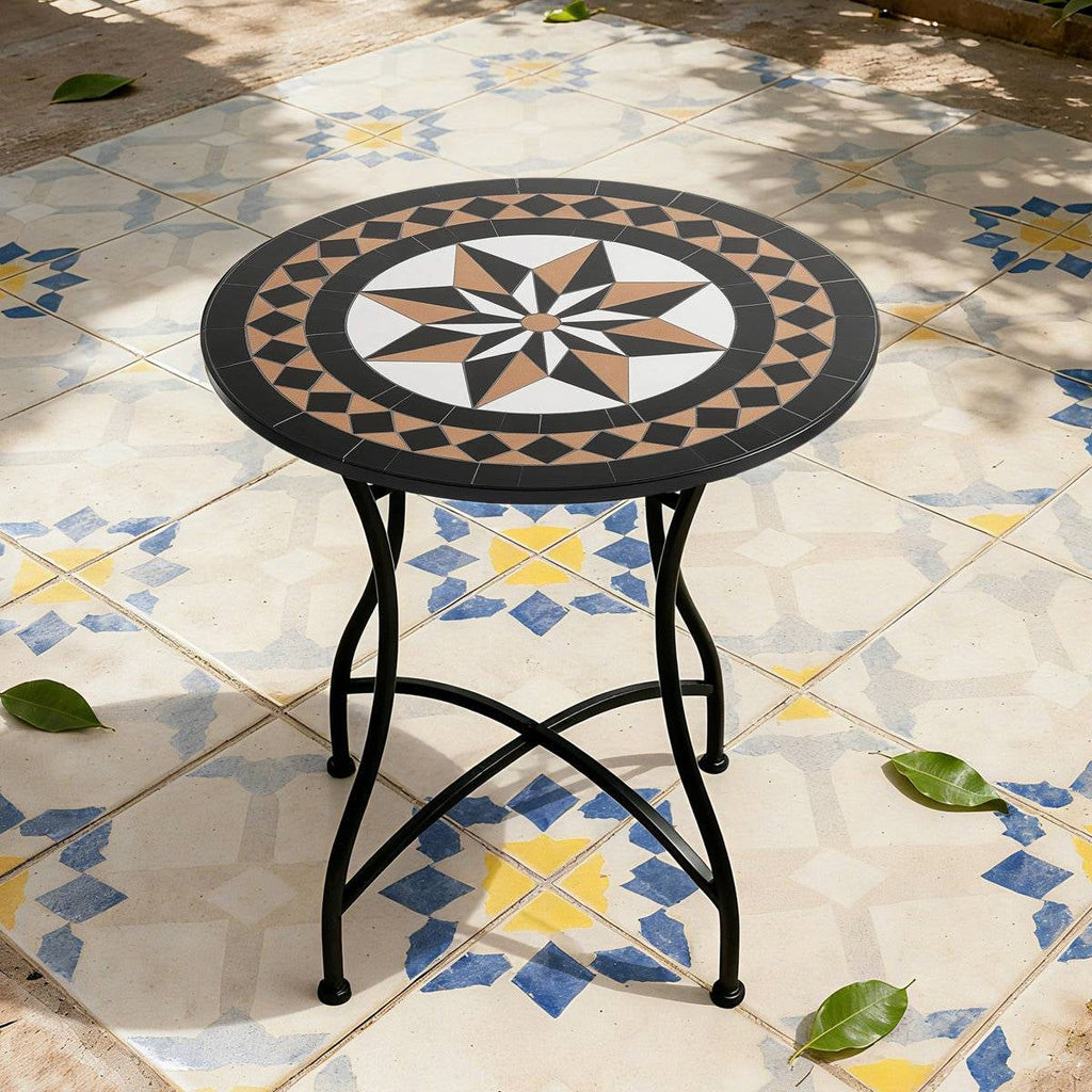 Round 24-inch Black Tan Mosaic Tile Star Pattern Bistro Table with Metal Legs
