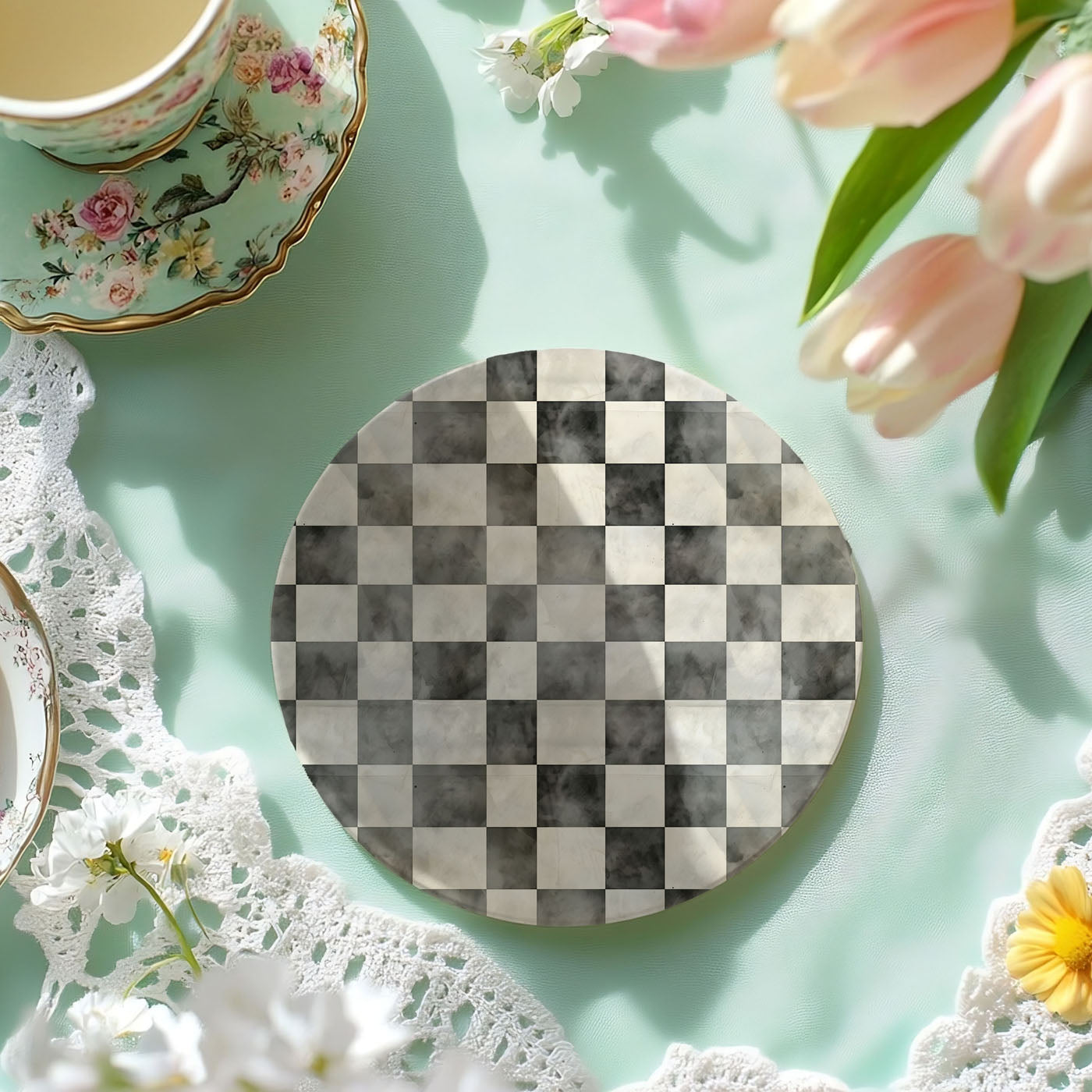 Spring Ceramic Coasters Set of 4 Courtly Check Designs Absorbent Drink Coasters for Table Protection