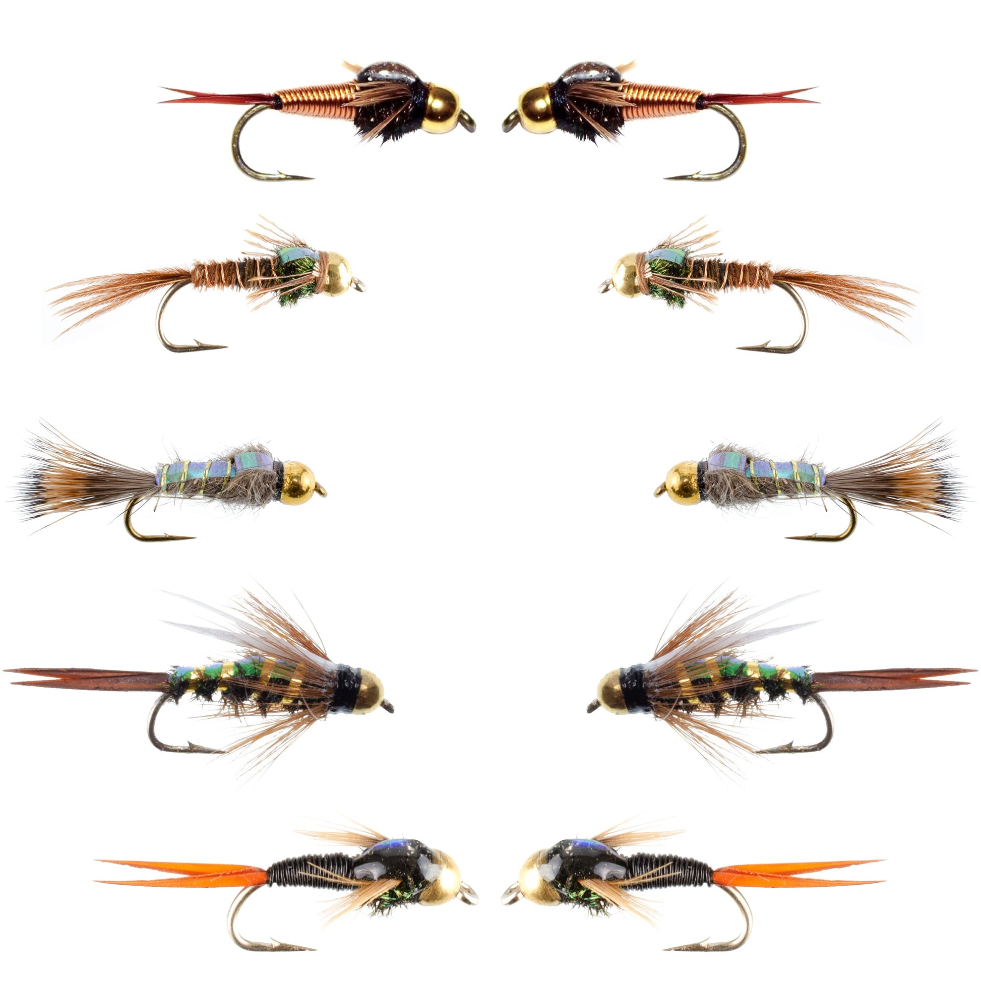 Basics Collection - Copper John and Flash Back Bead Head Nymph Assortment - 10 Wet Flies - 5 Patterns - Hook Sizes 10, 12, 14, 16