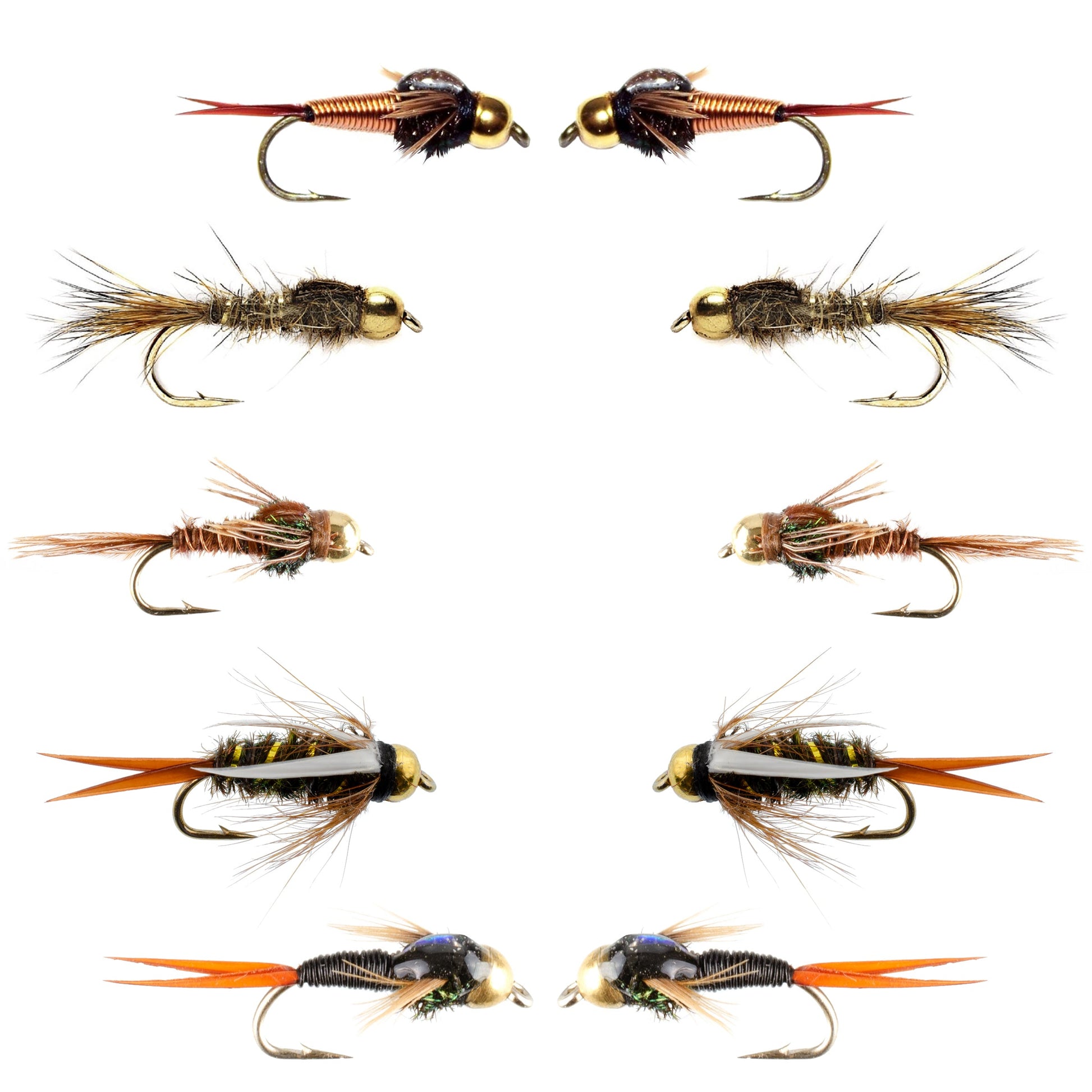 Basics Collection - Tungsten Bead Head Nymph Assortment - 10 Wet Flies - 5 Patterns - Hook Sizes 10, 12, 14, 16