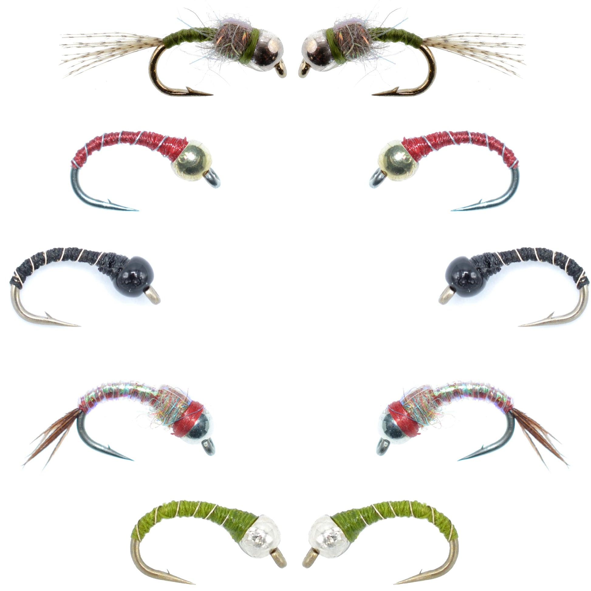 Basics Collection - Essential Bead Head Midge Nymph Assortment - 10 Wet Flies - 5 Patterns - Hook Sizes 14, 16, 18