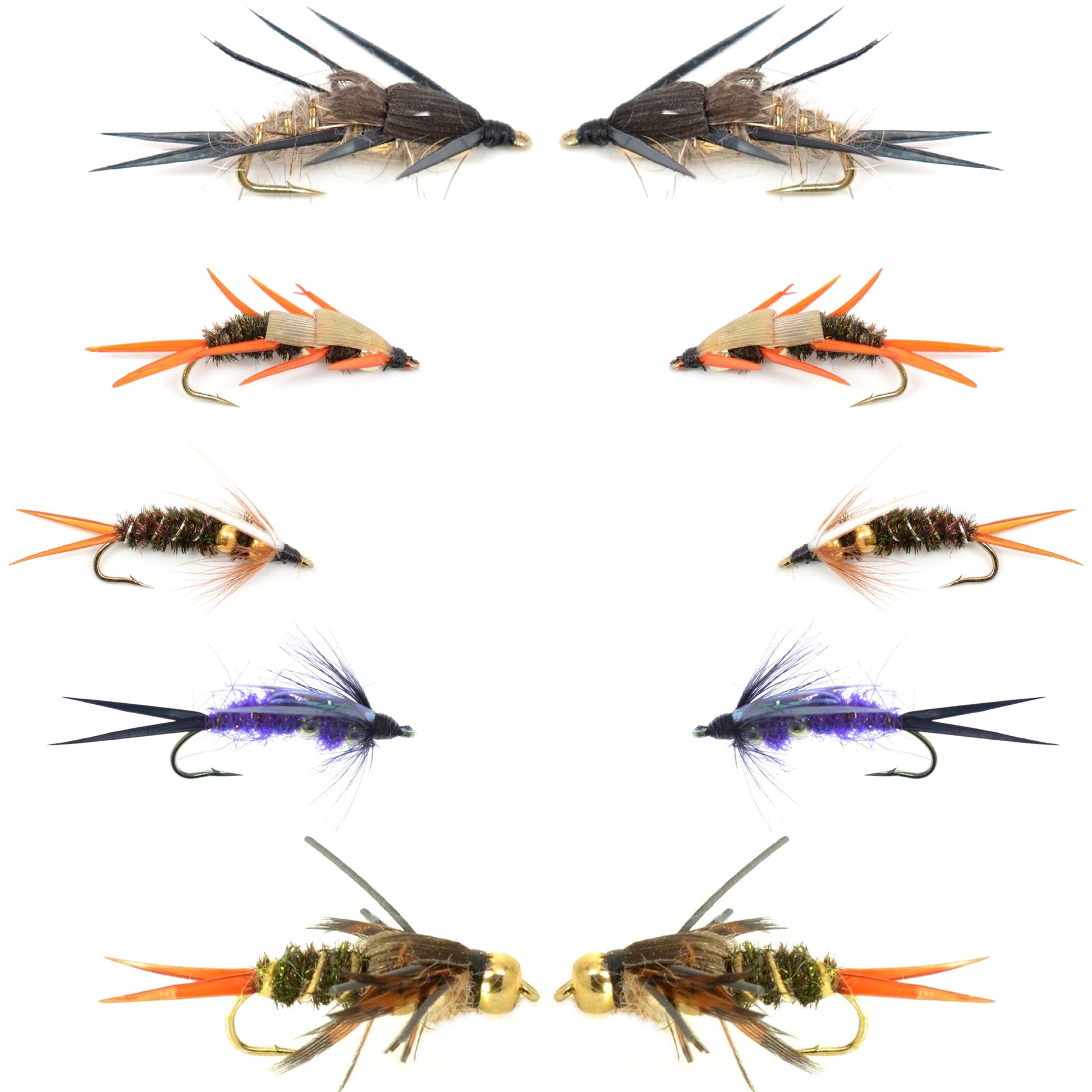 Basics Collection - Double Bead Head Nymph Assortment - 10 Wet Flies - 5 Patterns - Hook Size 8
