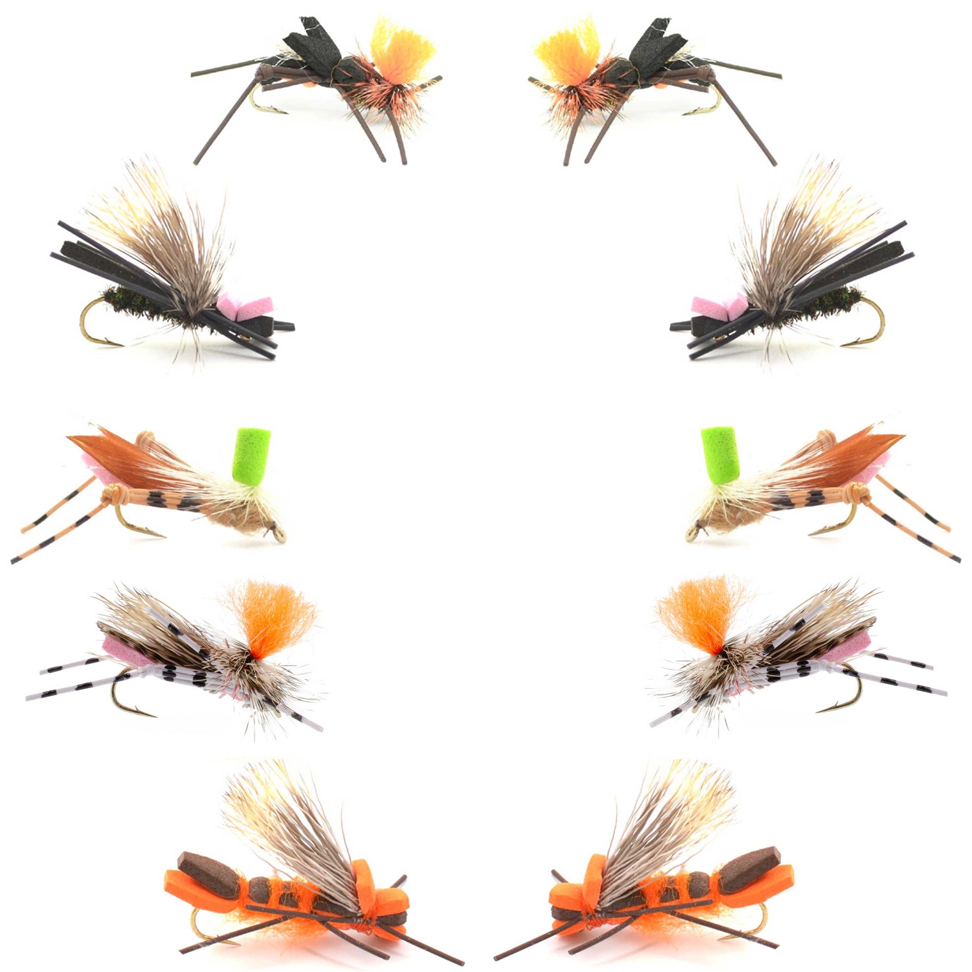 Basics Collection - Foam Hoppers Dry Fly Assortment #2 - 10 Dry Fishing Grasshopper Flies - 5 Patterns - Hook Size 10