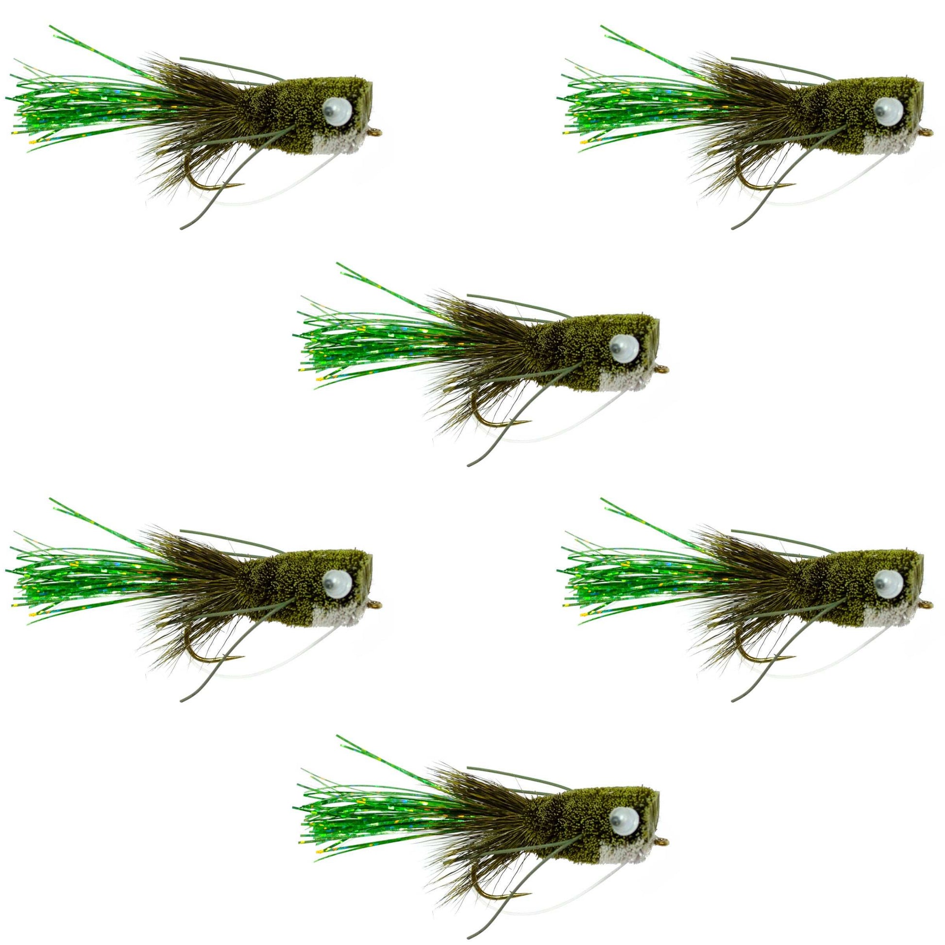 Flashtail Bass Popper 6 Flies Size 8 - Olive Bass Fly Fishing Bug Wide Gape Bass Hooks With Weed Guard