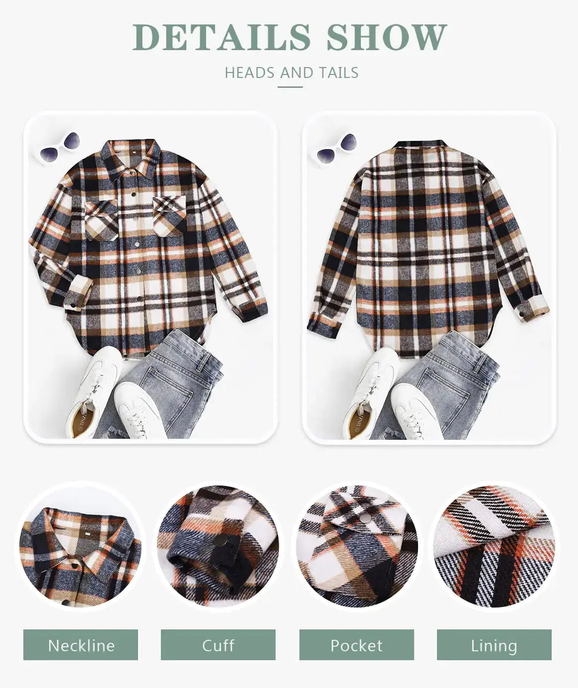 Beaully Women's Flannel Plaid Shacket Long Sleeve Button Down Shirts Jacket Coats with Side Pockets Orange X-Large