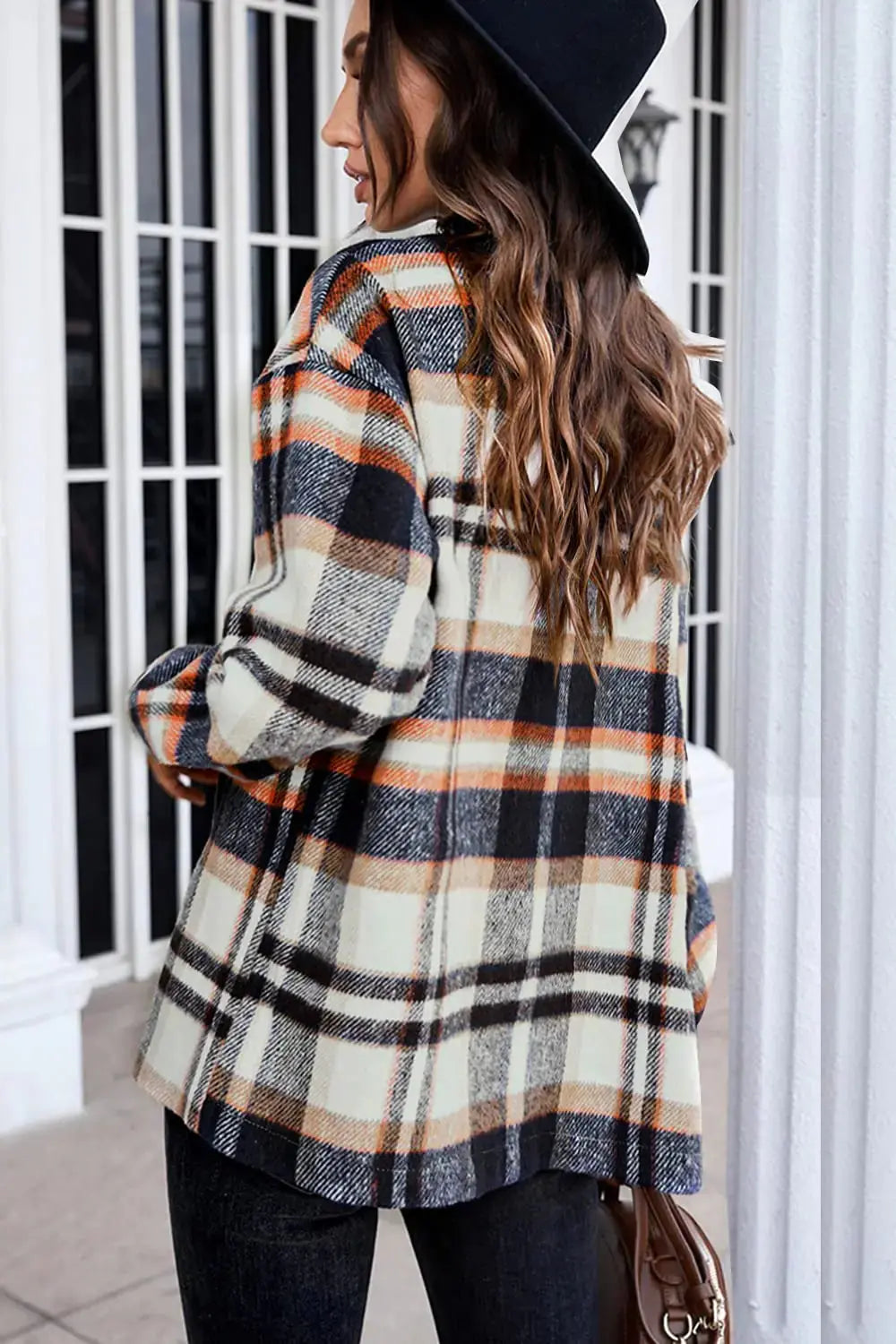 Beaully Women's Flannel Plaid Shacket Long Sleeve Button Down Shirts Jacket Coats with Side Pockets Orange X-Large