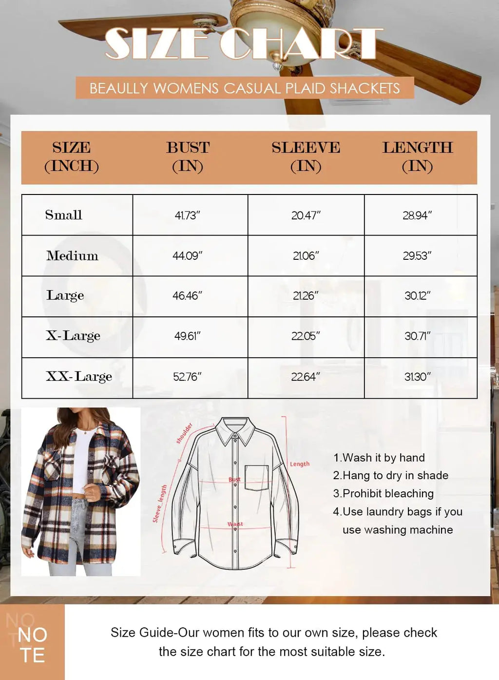 Beaully Women's Flannel Plaid Shacket Long Sleeve Button Down Shirts Jacket Coats with Side Pockets Orange X-Large
