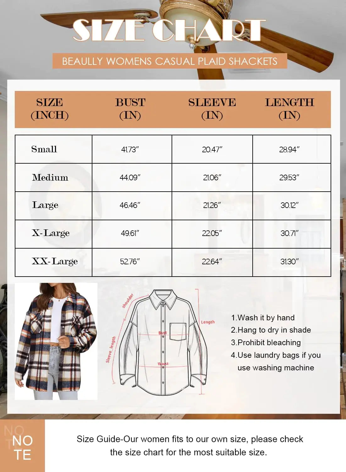 Beaully Women's Flannel Plaid Shacket Long Sleeve Button Down Shirts Jacket Coats with Side Pockets Orange X-Large