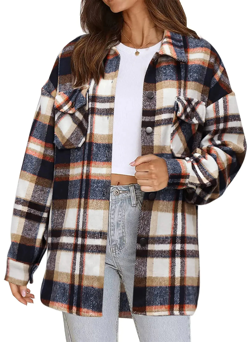 Beaully Women's Flannel Plaid Shacket Long Sleeve Button Down Shirts Jacket Coats with Side Pockets Orange X-Large