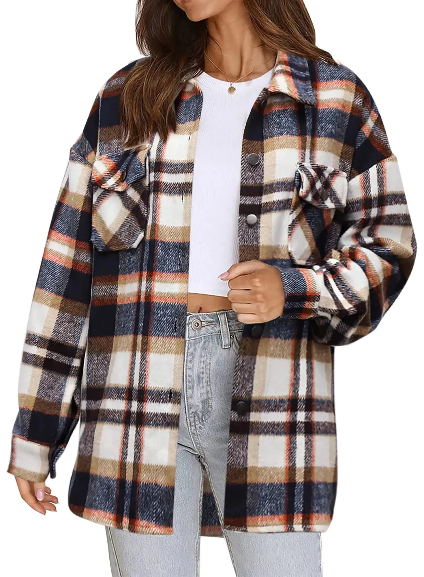 Beaully Women's Flannel Plaid Shacket Long Sleeve Button Down Shirts Jacket Coats with Side Pockets Orange X-Large