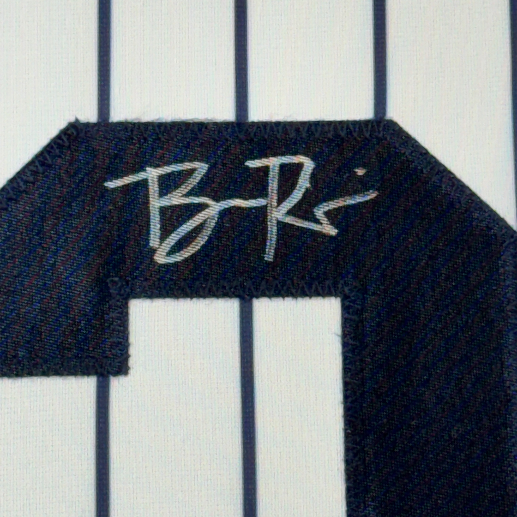 Framed Autographed/Signed Ben Rice 35x39 New York Pinstripe Baseball Jersey JSA COA
