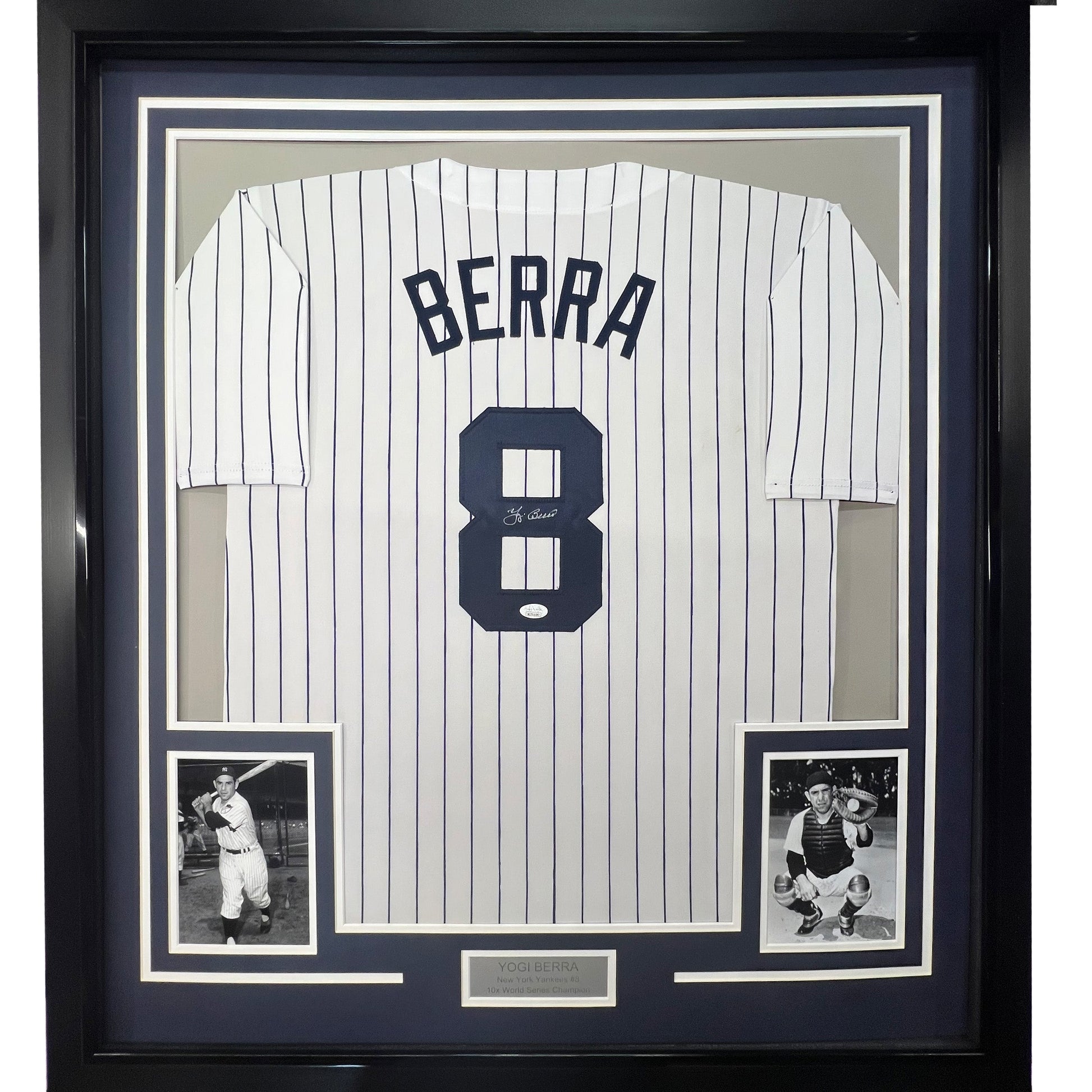 Framed Autographed/Signed Yogi Berra 35x39 New York Pinstripe Baseball Jersey JSA COA