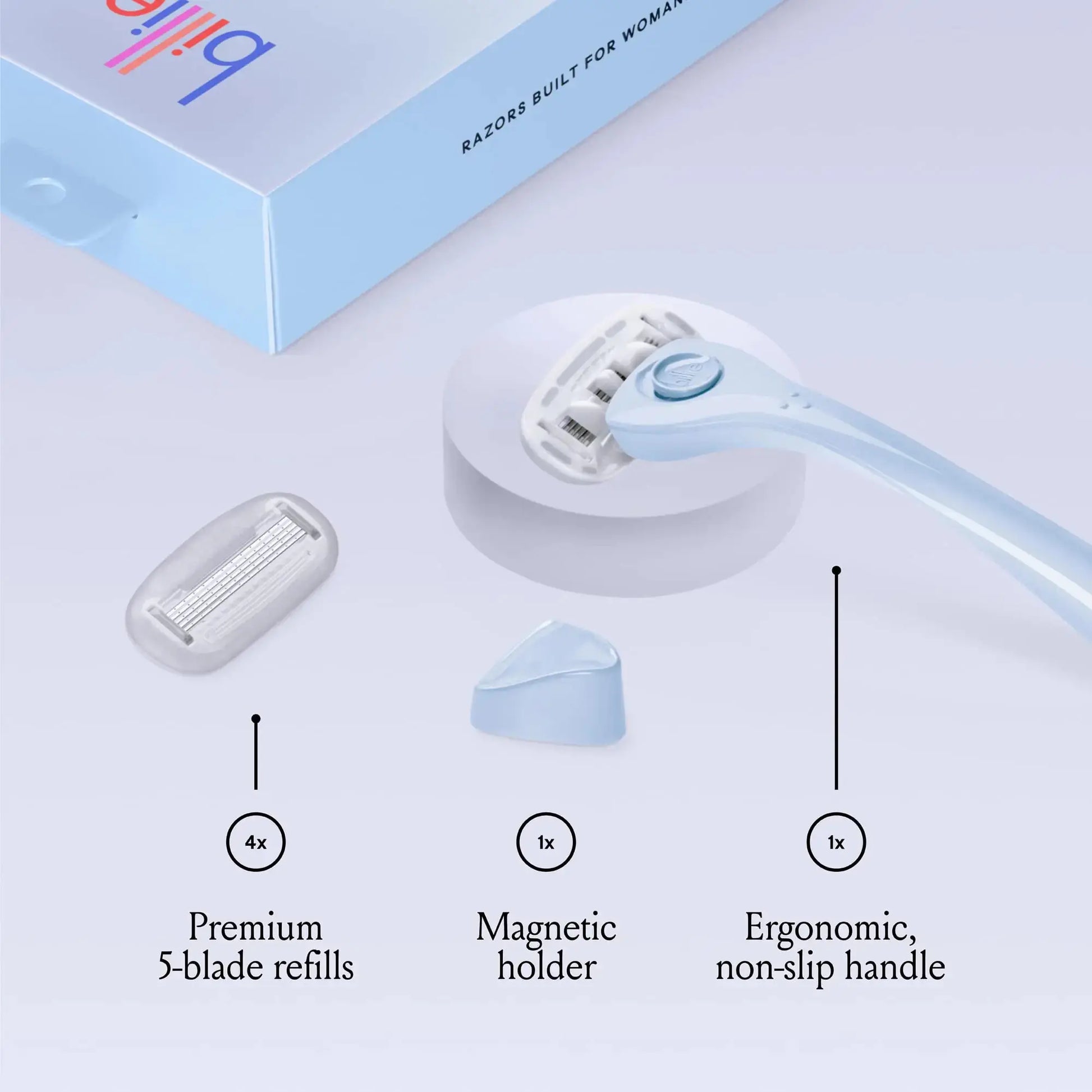 Billie Razors for Women Shave Kit with Women’s Razor, 4 x 5-Blade Razor Refills, Magnetic Holder - Cool Blue and Malibu Matte + Matte
