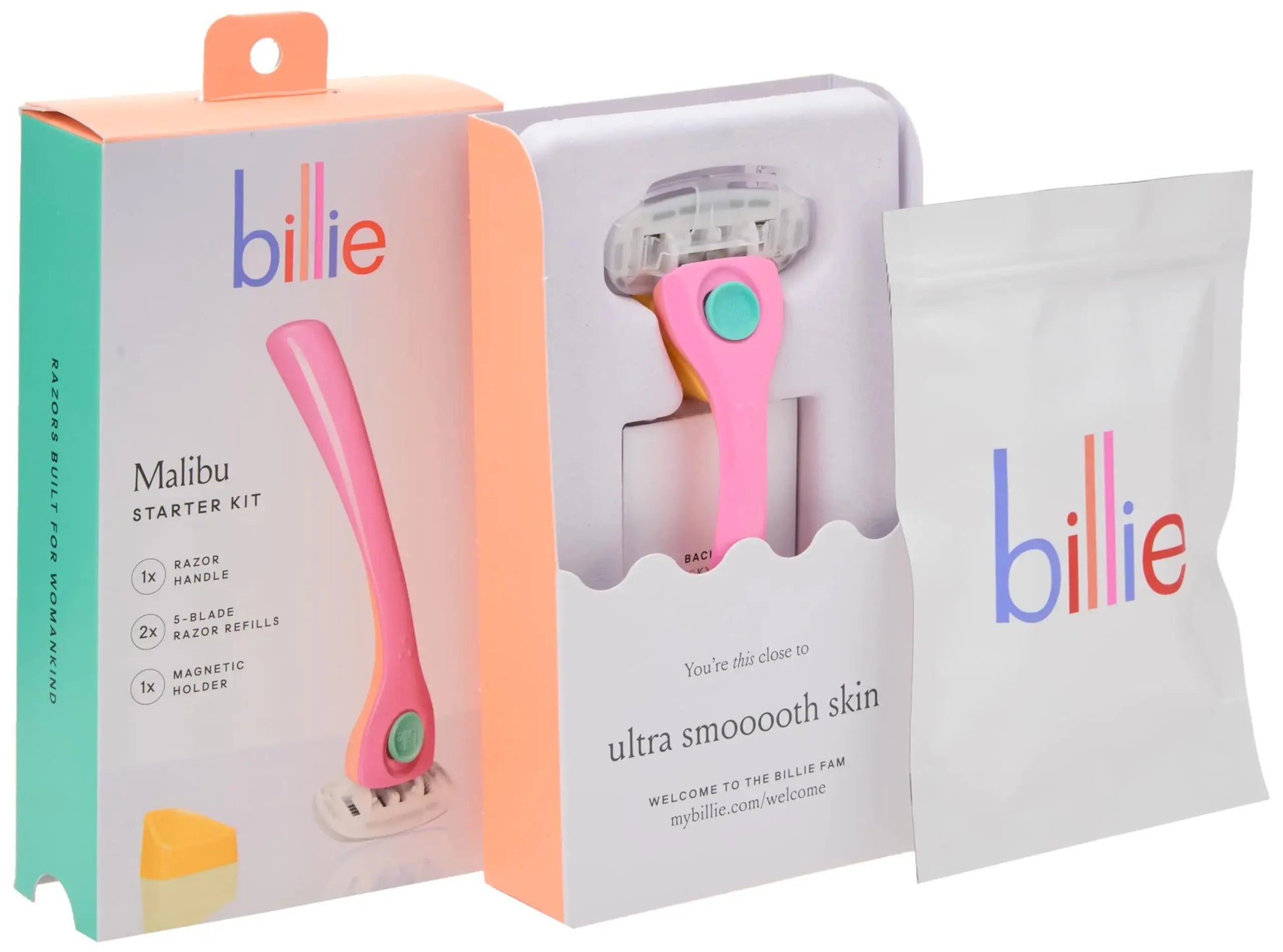 Billie Razors for Women Shave Kit with Women’s Razor, 4 x 5-Blade Razor Refills, Magnetic Holder - Cool Blue and Malibu Matte + Matte