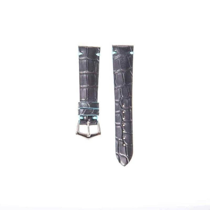 Black Genuine Alligator Watch Strap Light Blue Borders